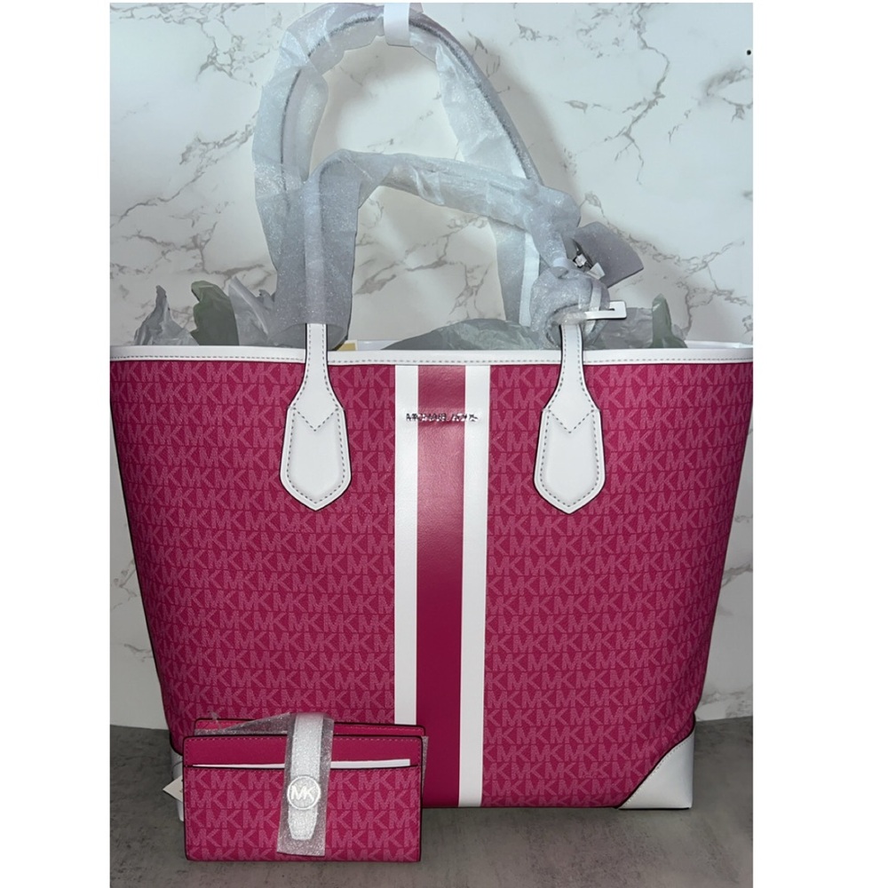 NWT Michael Kors Eva Large Signature Logo Stripe Tote Bag and Wallet Set - Picture 8 of 12